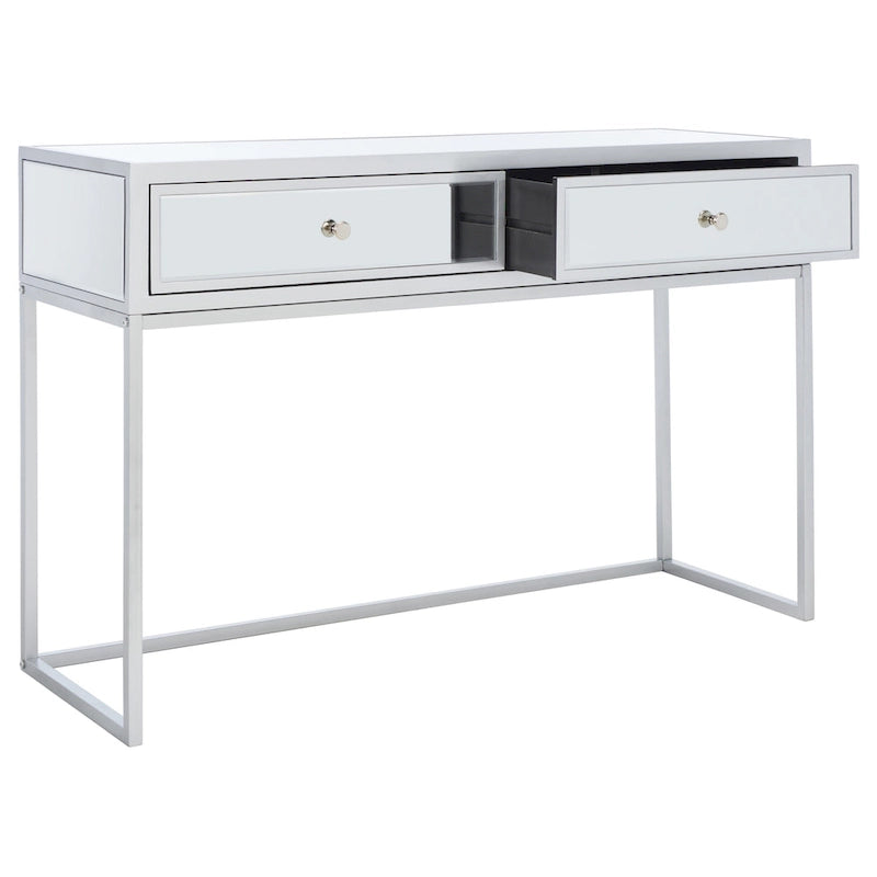 Scrivania con due cassetti a specchio e base in metallo