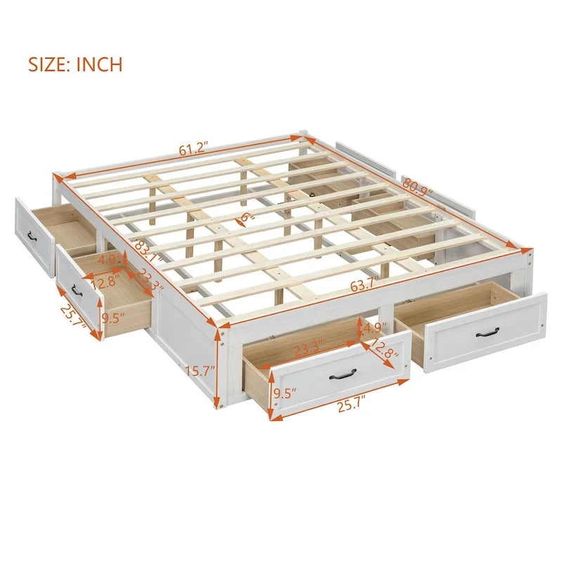 Letto a piattaforma Queen Size con 6 cassetti portaoggetti