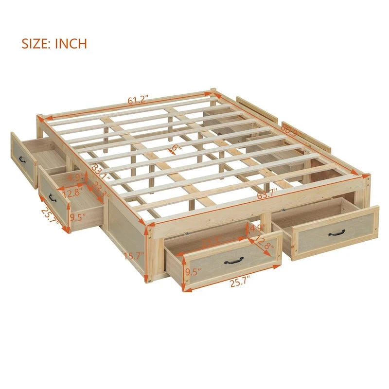 Letto a piattaforma Queen Size con 6 cassetti portaoggetti