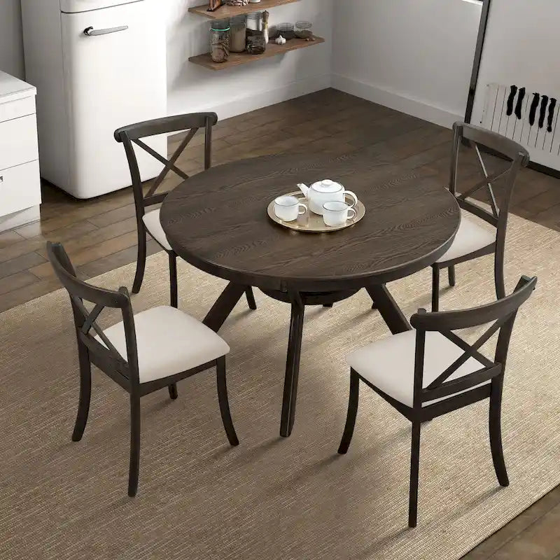 Set di 2 sedie da pranzo con schienale a croce, struttura in legno massello di caucciù e cuscino in poliestere