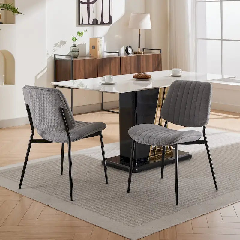 Sedie da pranzo in lino, set da 2, con gambe in metallo e schienale curvo