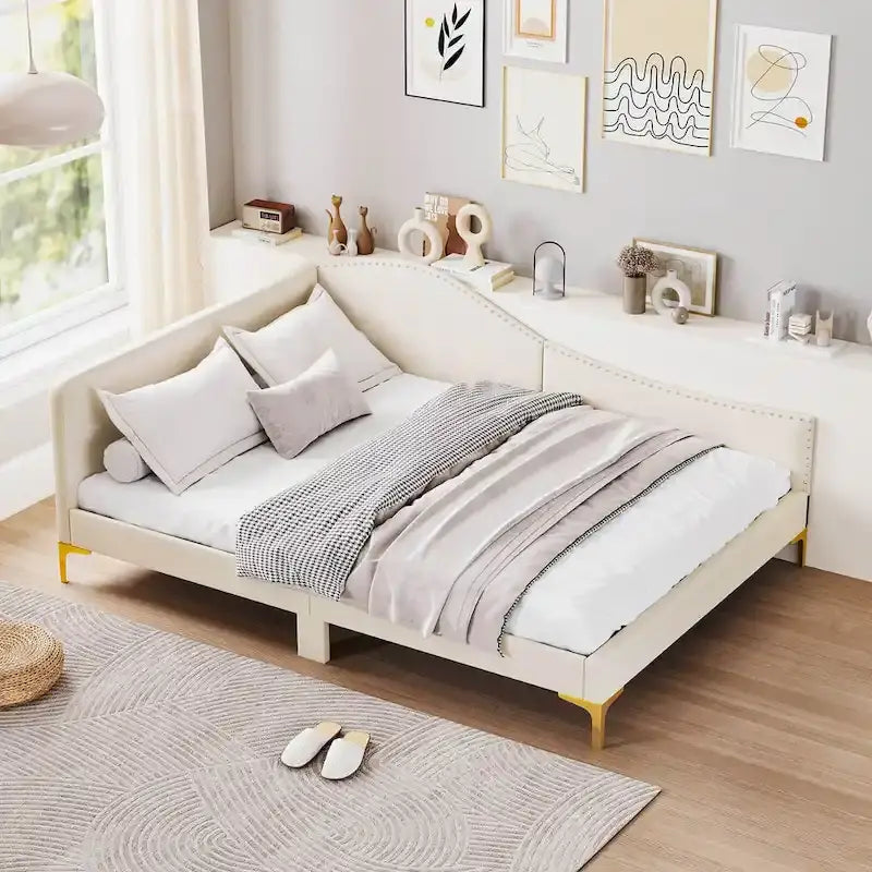 Letto a giorno imbottito Twin/Full Size con dettagli capitonné a rivetto