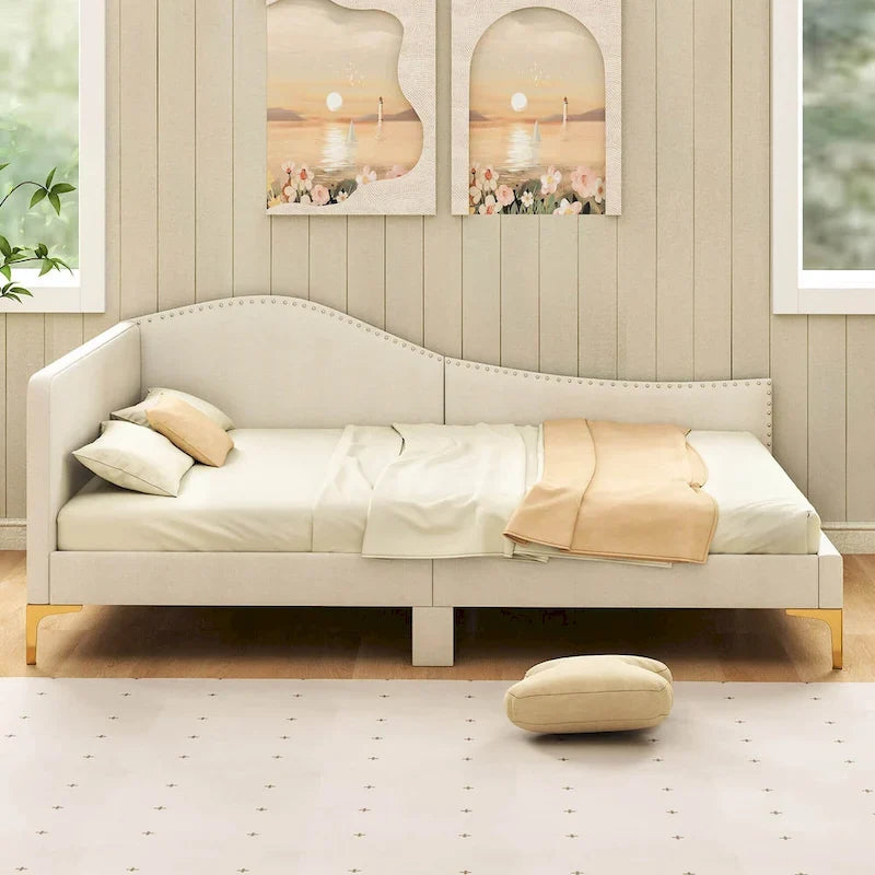 Letto a giorno imbottito Twin/Full Size con dettagli capitonné a rivetto