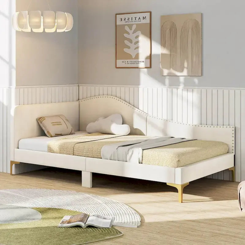 Letto a giorno imbottito Twin/Full Size con dettagli capitonné a rivetto