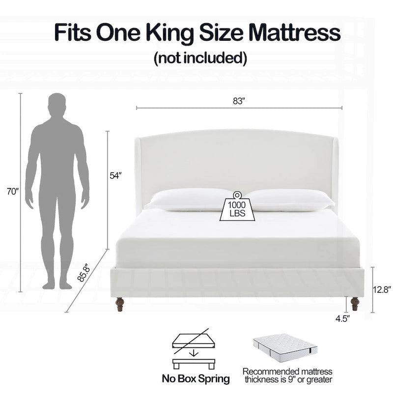 Struttura letto imbottita con testiera ad ali – King Size, Bianco crema