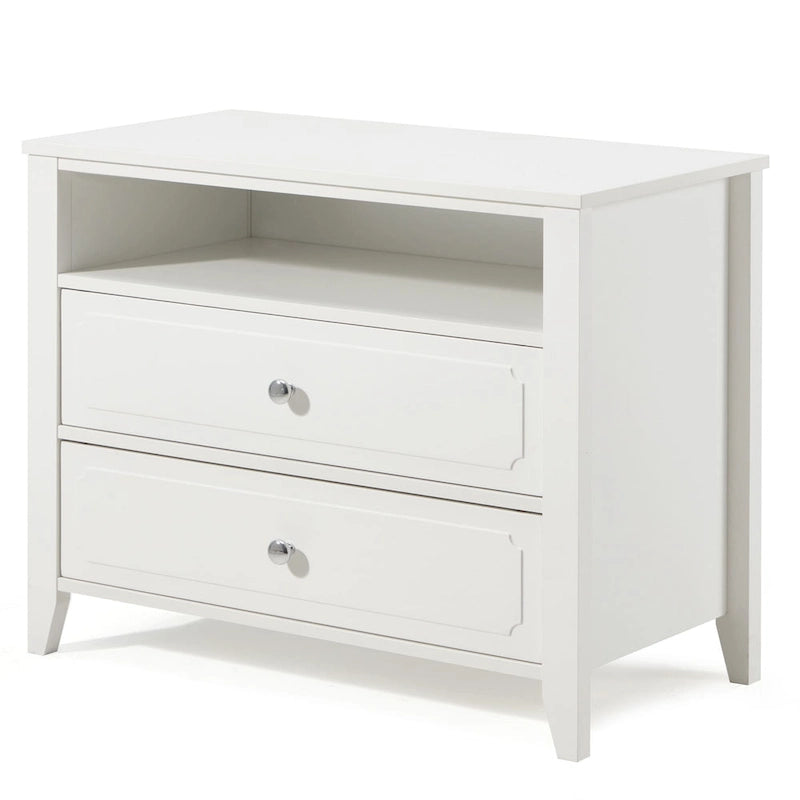 Comodino moderno ampio con 2 cassetti e ripiano aperto, gambe in legno massello