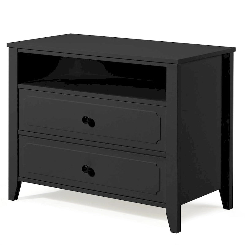 Comodino moderno ampio con 2 cassetti e ripiano aperto, gambe in legno massello