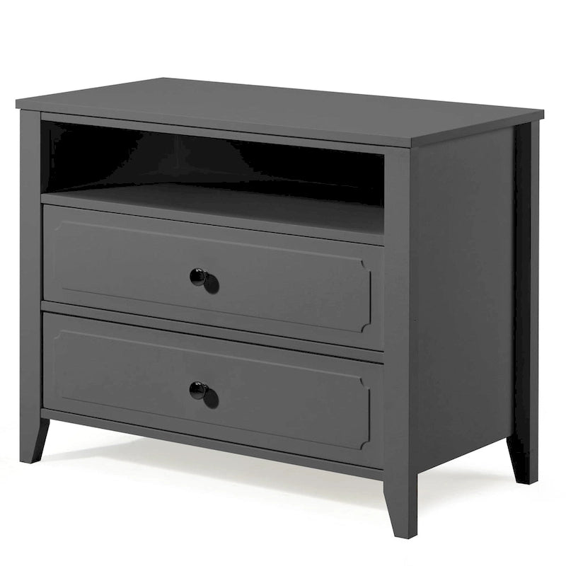 Comodino moderno ampio con 2 cassetti e ripiano aperto, gambe in legno massello