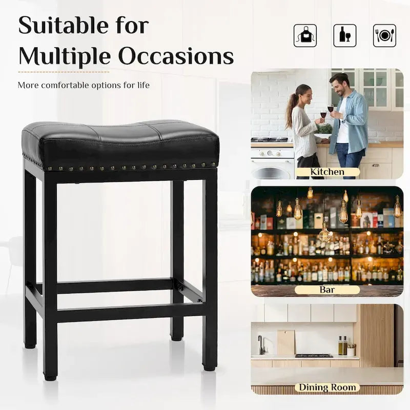 Set di 2 sgabelli da bar da banco con sedile spesso a sella in pelle PU imbottita, altezza 61 cm, sedie da cucina con base in metallo