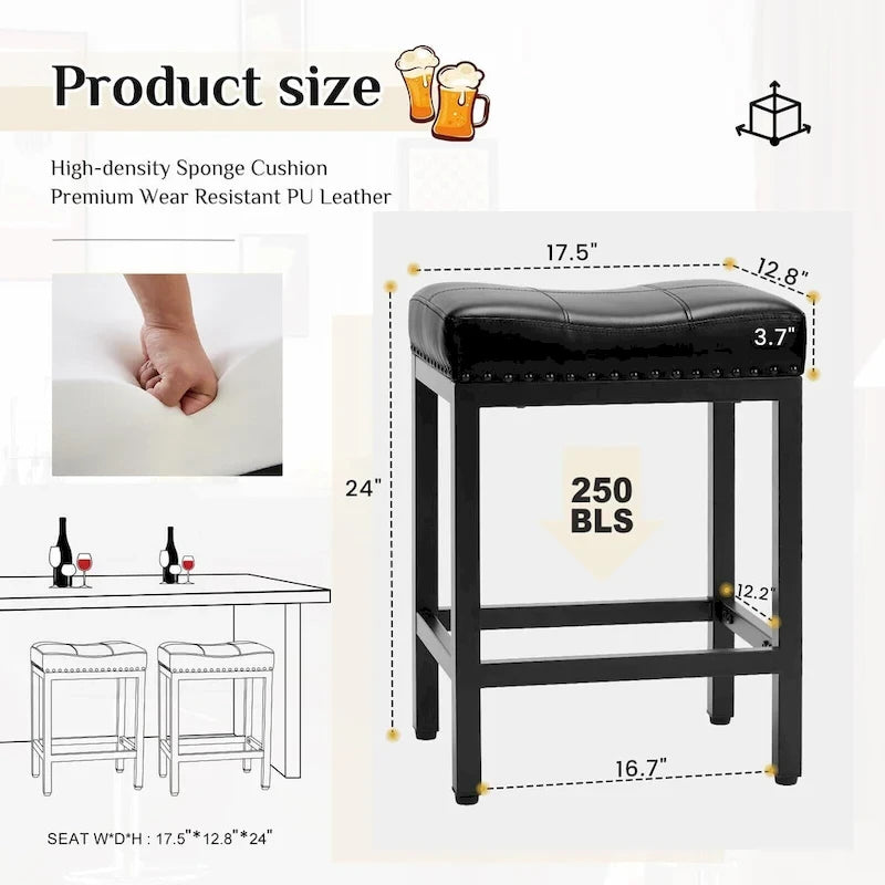 Set di 2 sgabelli da bar da banco con sedile spesso a sella in pelle PU imbottita, altezza 61 cm, sedie da cucina con base in metallo