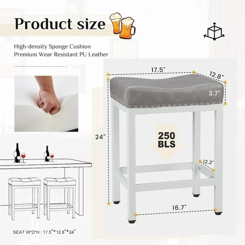 Set di 2 sgabelli da bar da banco con sedile spesso a sella in pelle PU imbottita, altezza 61 cm, sedie da cucina con base in metallo