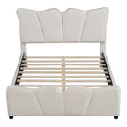 Letto a piattaforma imbottito in velluto color beige, matrimoniale, con testiera e pediera