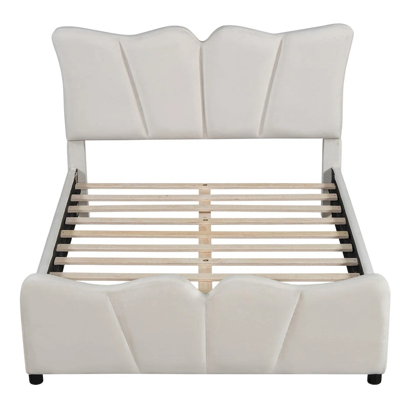 Letto a piattaforma imbottito in velluto color beige, matrimoniale, con testiera e pediera