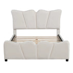 Letto a piattaforma imbottito in velluto color beige, matrimoniale, con testiera e pediera