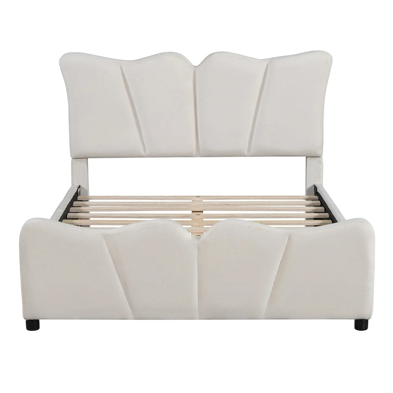 Letto a piattaforma imbottito in velluto color beige, matrimoniale, con testiera e pediera