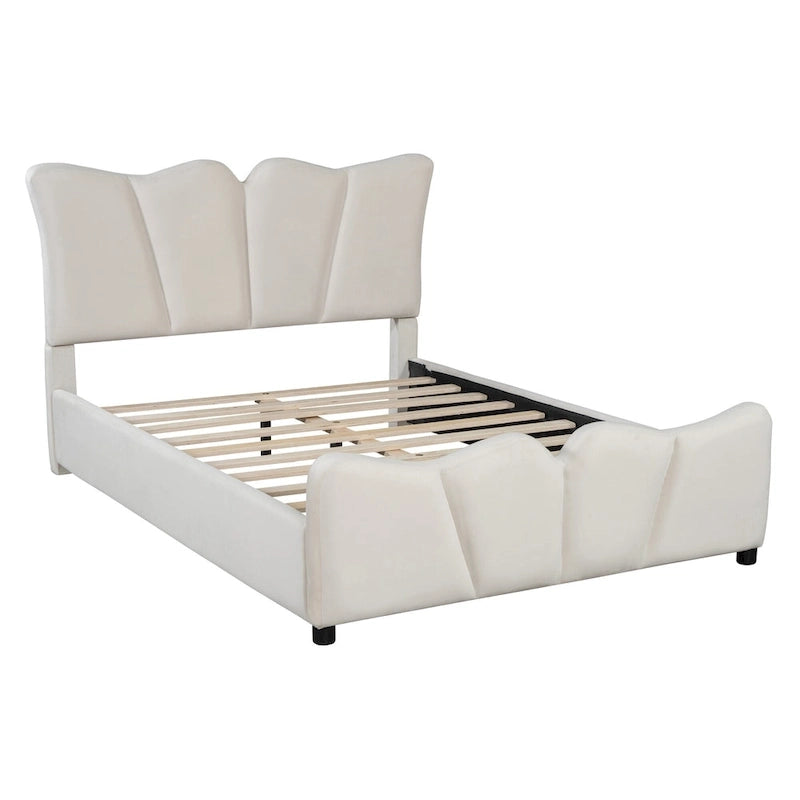 Letto a piattaforma imbottito in velluto color beige, matrimoniale, con testiera e pediera