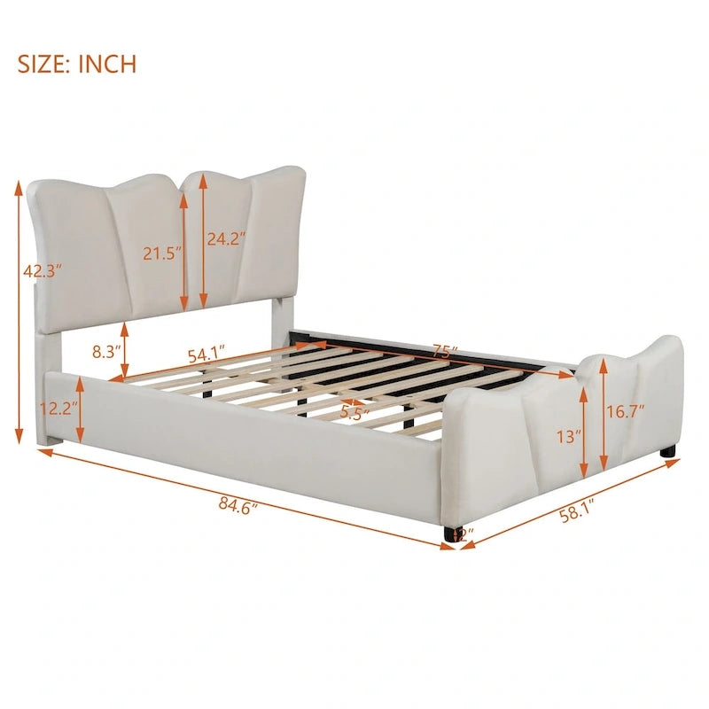 Letto a piattaforma imbottito in velluto color beige, matrimoniale, con testiera e pediera
