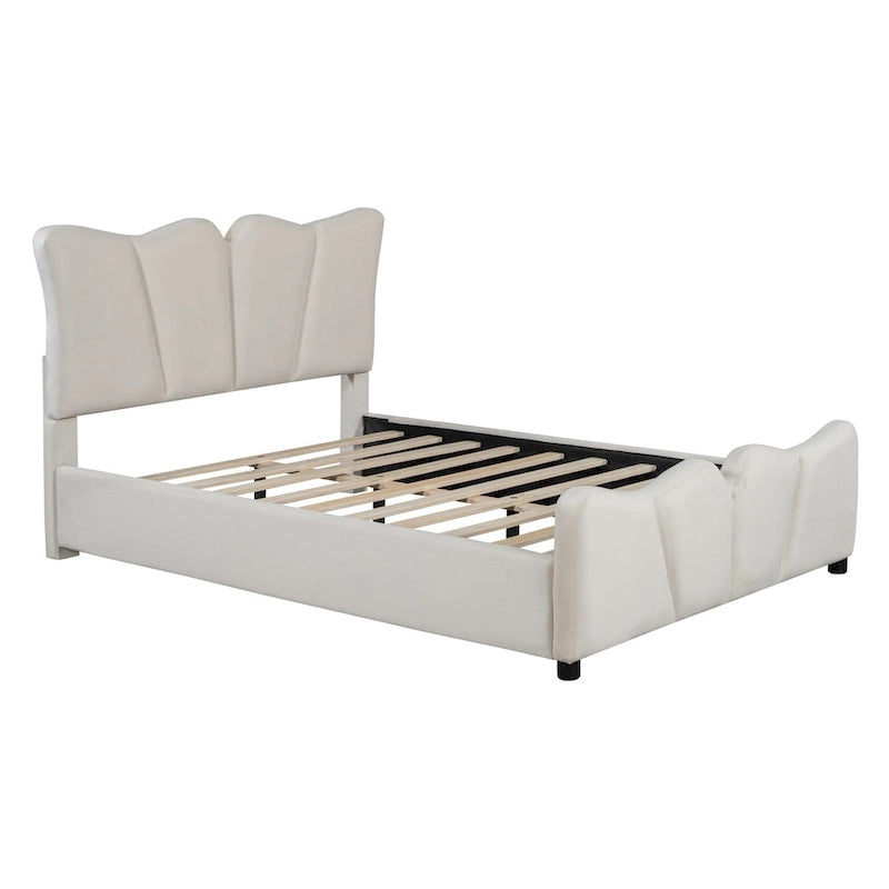 Letto a piattaforma imbottito in velluto color beige, matrimoniale, con testiera e pediera