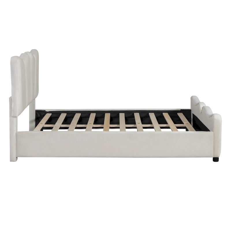 Letto a piattaforma imbottito in velluto color beige, matrimoniale, con testiera e pediera