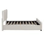Letto a piattaforma imbottito in velluto color beige, matrimoniale, con testiera e pediera