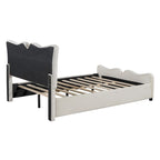 Letto a piattaforma imbottito in velluto color beige, matrimoniale, con testiera e pediera