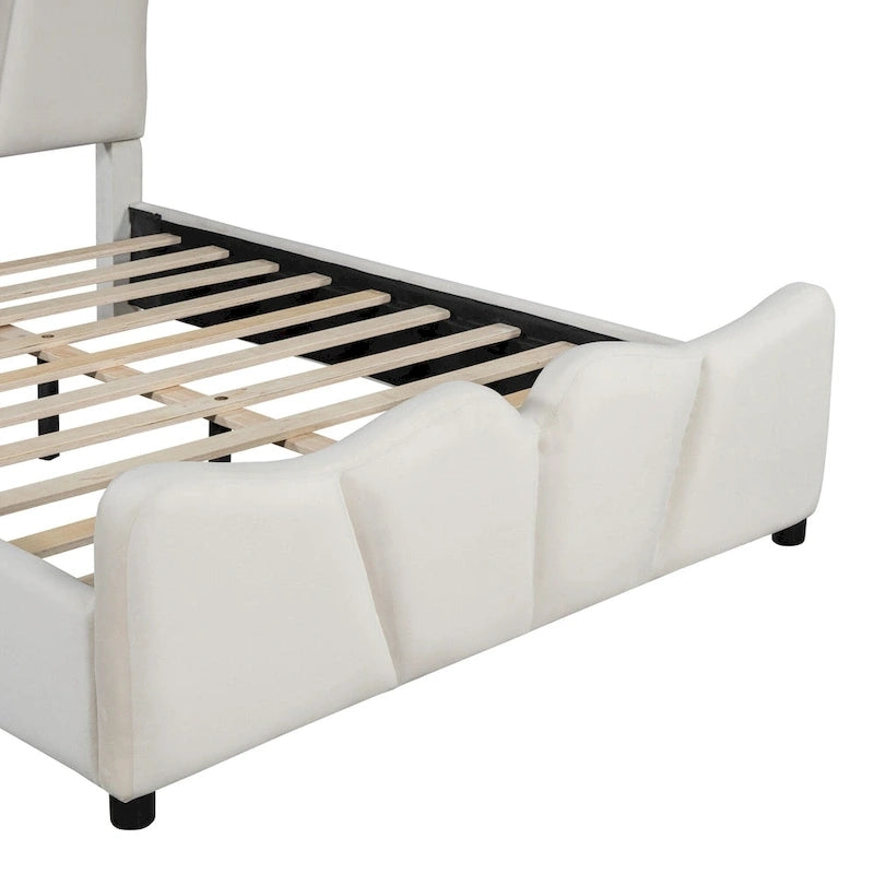 Letto a piattaforma imbottito in velluto color beige, matrimoniale, con testiera e pediera