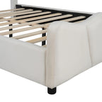 Letto a piattaforma imbottito in velluto color beige, matrimoniale, con testiera e pediera