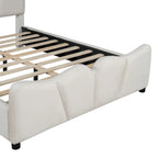 Letto a piattaforma imbottito in velluto color beige, matrimoniale, con testiera e pediera