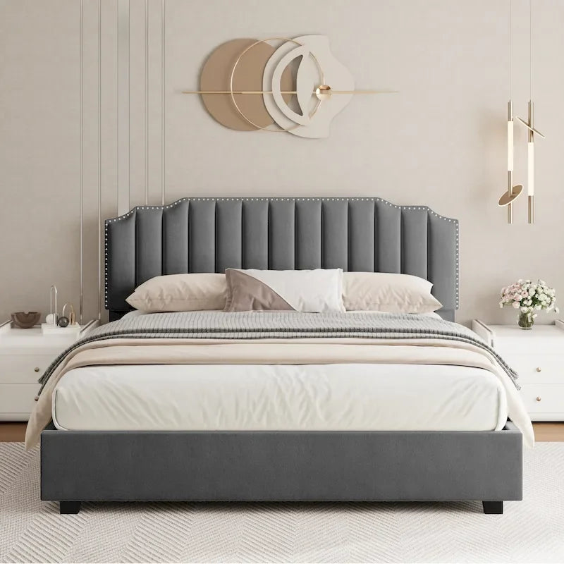 Letto a piattaforma in velluto grigio a misura intera con contenitore