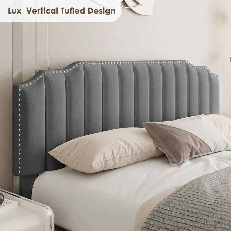 Letto a piattaforma in velluto grigio a misura intera con contenitore