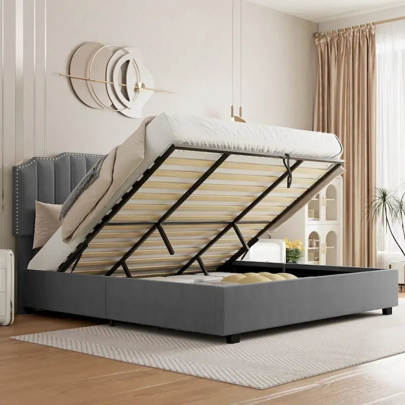 Letto a piattaforma in velluto grigio a misura intera con contenitore