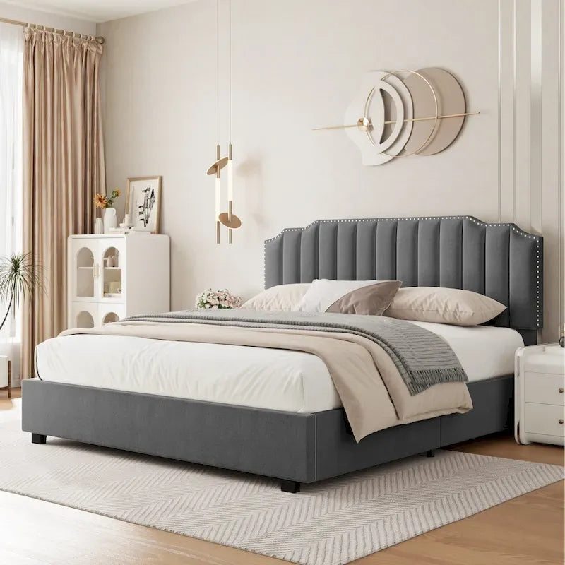 Letto a piattaforma in velluto grigio a misura intera con contenitore