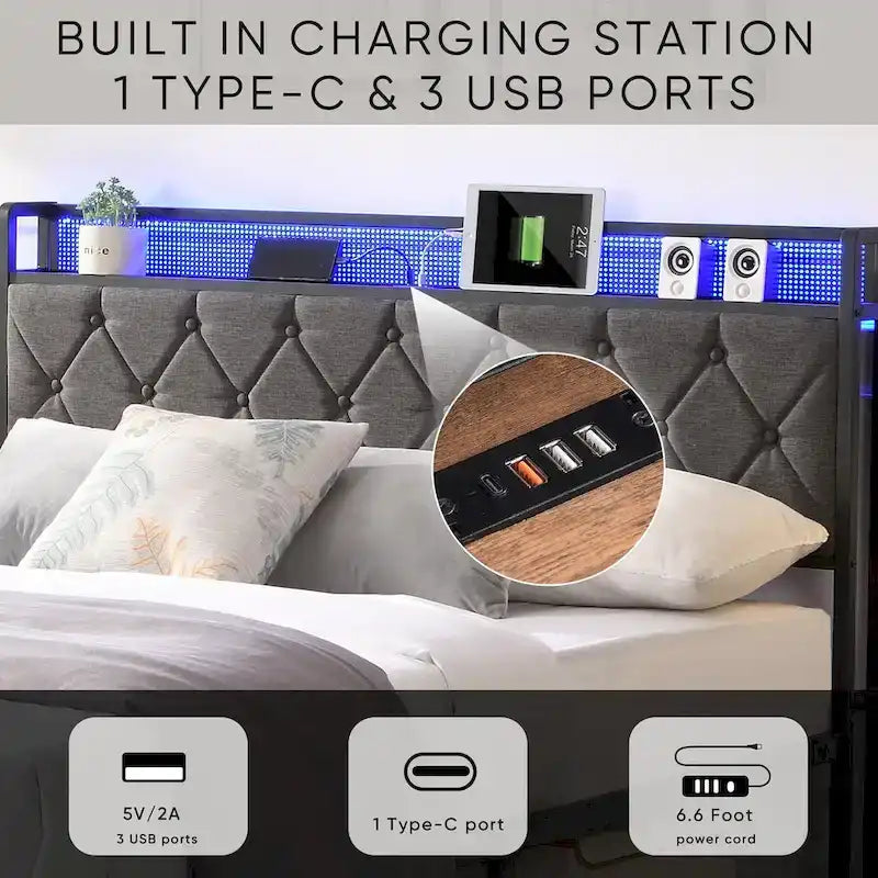 Struttura letto imbottita con piattaforma, illuminazione LED e contenitore - Queen