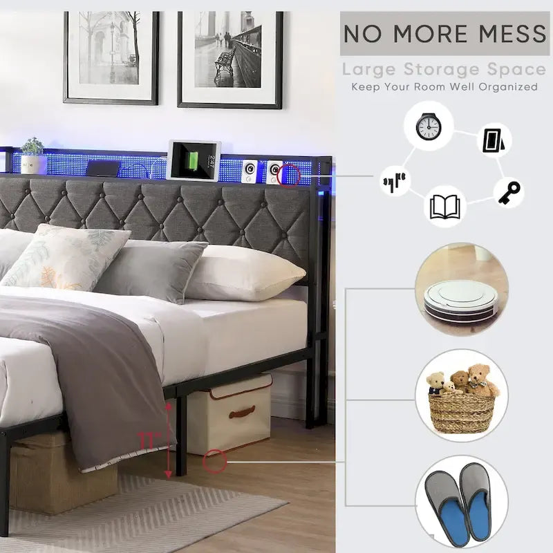 Struttura letto imbottita con piattaforma, illuminazione LED e contenitore - Queen
