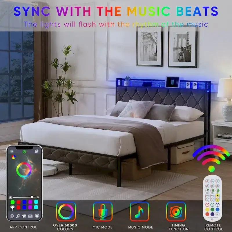 Struttura letto imbottita con piattaforma, illuminazione LED e contenitore - Queen
