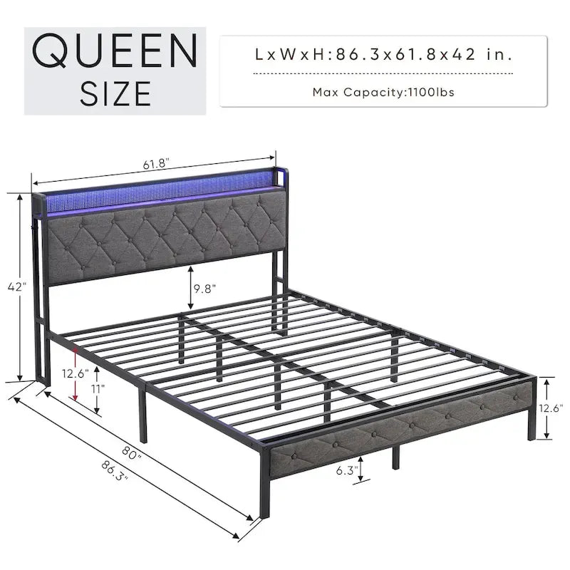 Struttura letto imbottita con piattaforma, illuminazione LED e contenitore - Queen