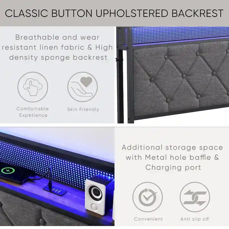 Struttura letto imbottita con piattaforma, illuminazione LED e contenitore - Queen
