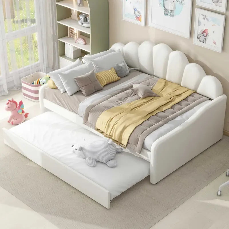 Letto a giorno imbottito singolo con rotelle e schienale a conchiglia