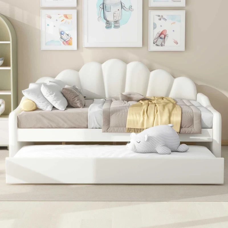Letto a giorno imbottito singolo con rotelle e schienale a conchiglia