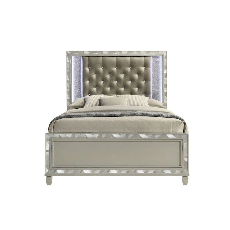 Letto imbottito grigio con testiera trapuntata a LED