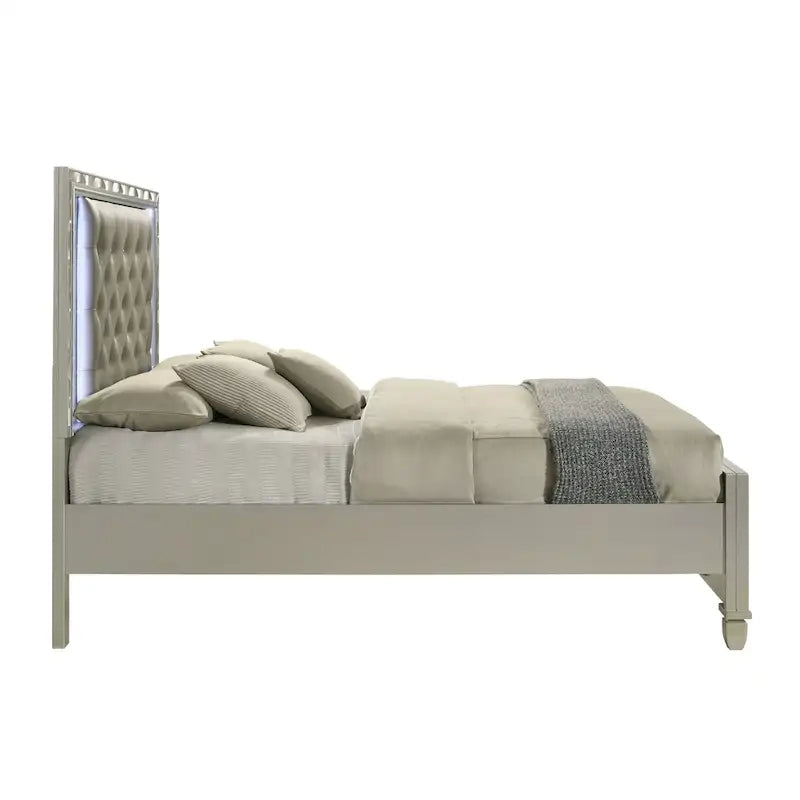 Letto imbottito grigio con testiera trapuntata a LED