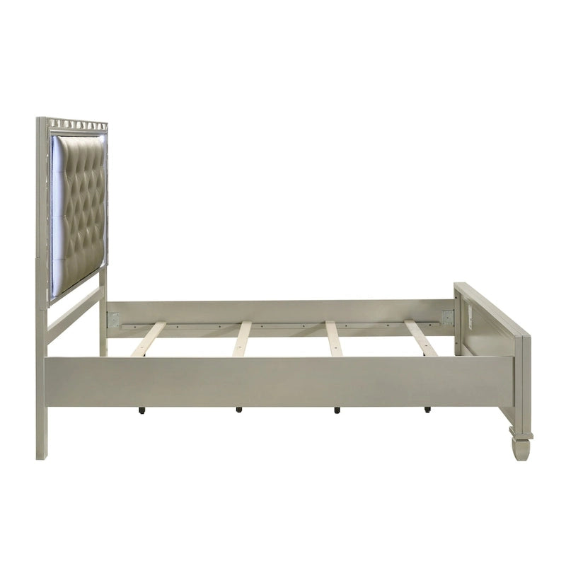 Letto imbottito grigio con testiera trapuntata a LED