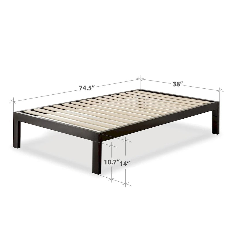 Struttura letto a piattaforma in metallo nero con doghe in legno