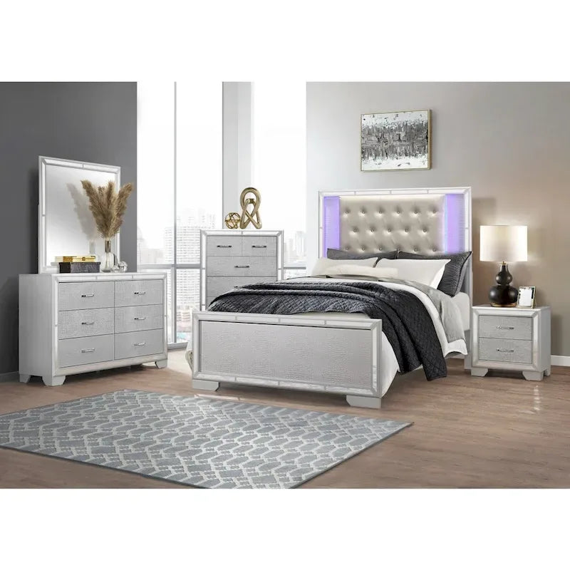 Letto imbottito trapuntato in similpelle a LED argentato