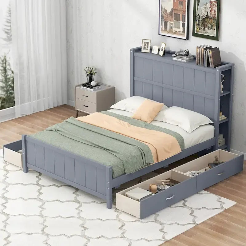 Letto a piattaforma a una piazza e mezza con cassetti e ripiani contenitore