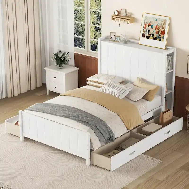 Letto a piattaforma a una piazza e mezza con cassetti e ripiani contenitore