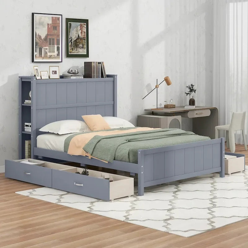 Letto a piattaforma a una piazza e mezza con cassetti e ripiani contenitore