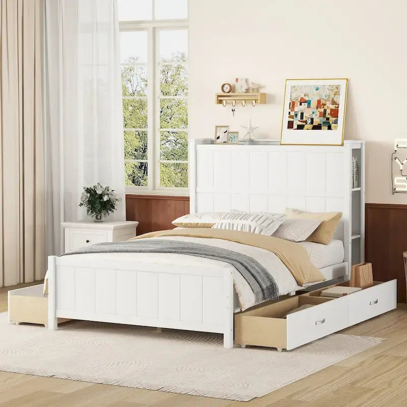 Letto a piattaforma a una piazza e mezza con cassetti e ripiani contenitore