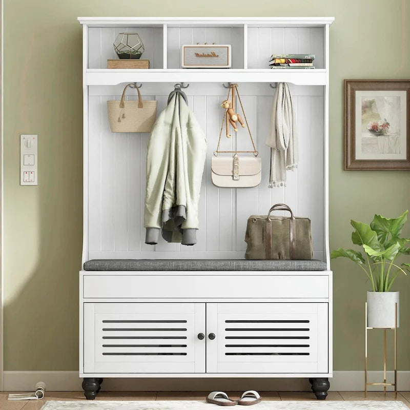 5-in-1 Entryway Bench with Shutter-shaped Doors, Coat Rack, Cushion and 4 Sturdy Hooks