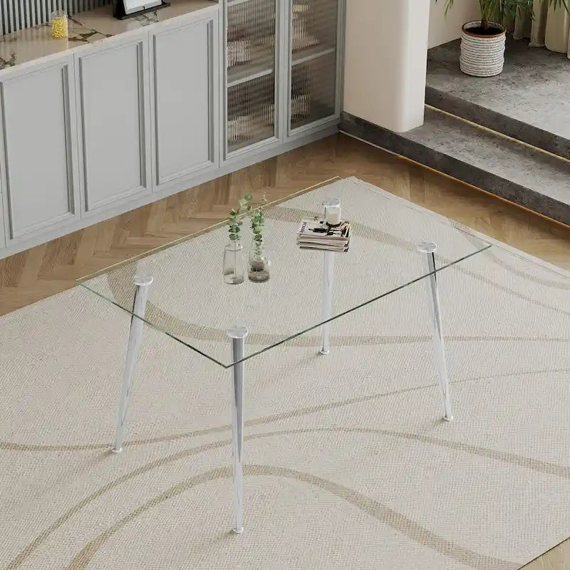 Tavolo da Pranzo con Piano in Vetro Temperato e Gambe in Acciaio Inox